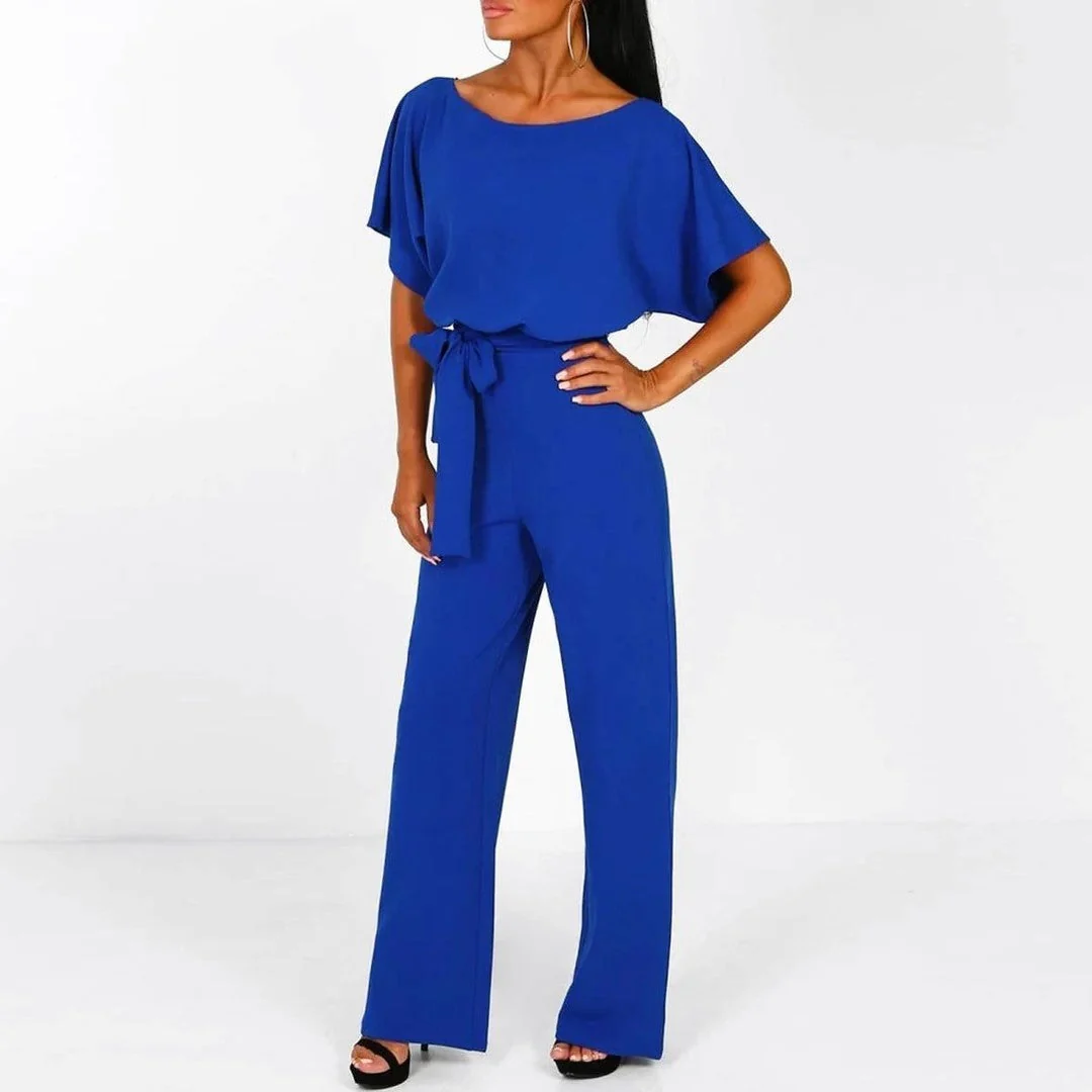 Samantha - Women's Short Sleeve Belted Wide Leg Jumpsuit - Image 5