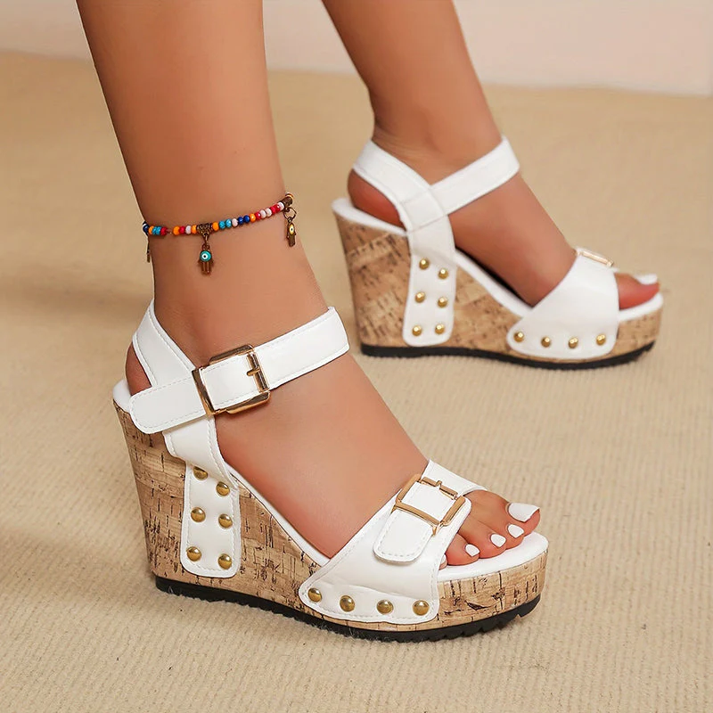 Valentina Rossi Studded Wedge Sandals with Buckle