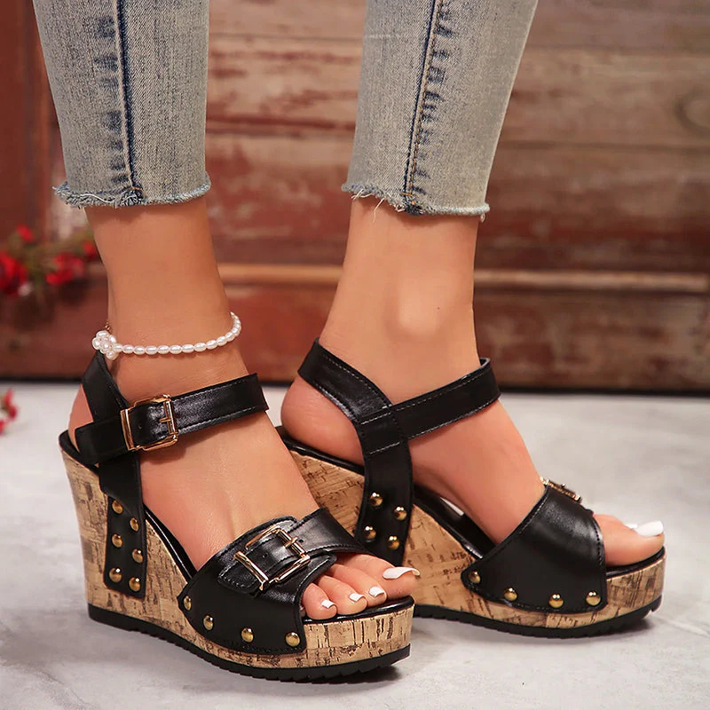 Valentina Rossi Studded Wedge Sandals with Buckle - Image 2
