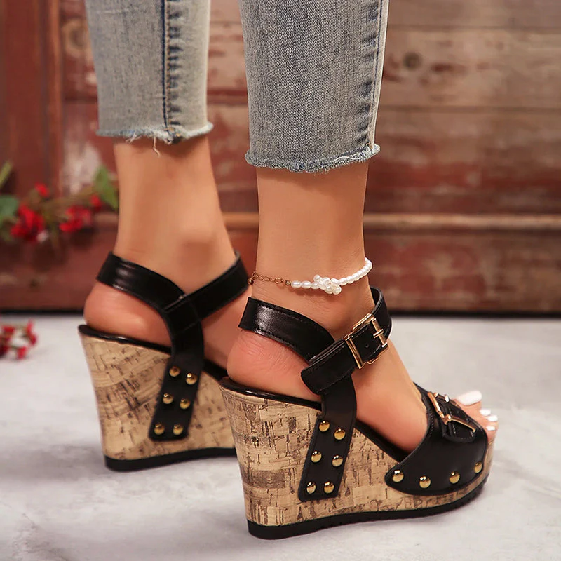 Valentina Rossi Studded Wedge Sandals with Buckle - Image 5