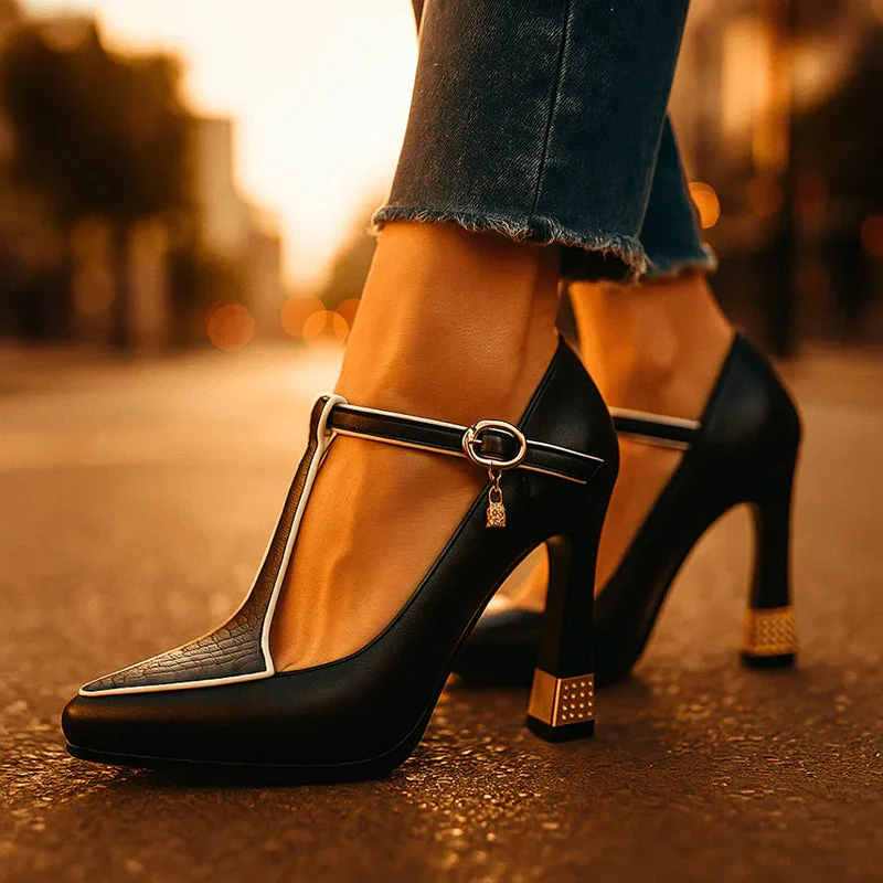 Valentina Rossi T-Strap Heels with Gold Detail - Image 9