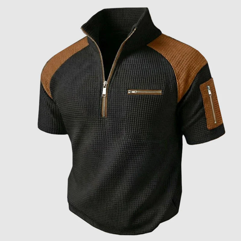 Weston - Men's Waffle Knit Quarter-Zip Polo T-Shirt - Image 2