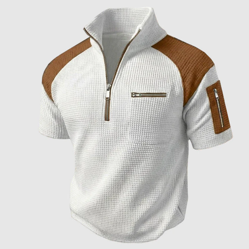 Weston - Men's Waffle Knit Quarter-Zip Polo T-Shirt - Image 3