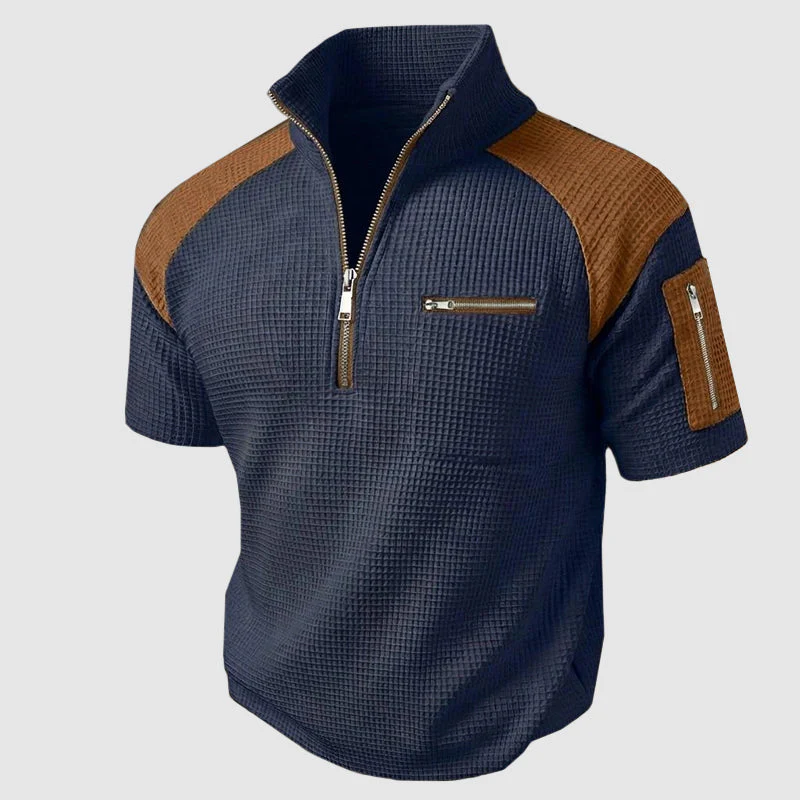 Weston - Men's Waffle Knit Quarter-Zip Polo T-Shirt - Image 4